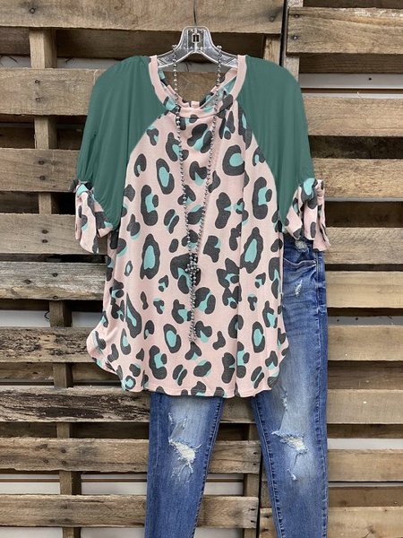 

T-Shirt Leopardato Cuff Knotted, Verde, T-Shirts