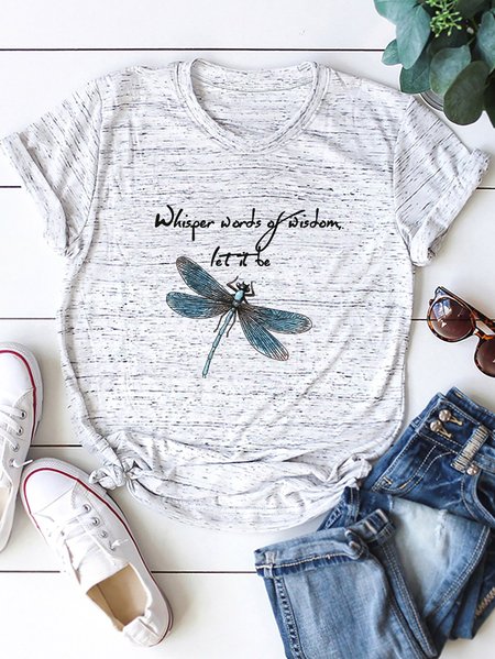 

"Whisper words of wisdom, let it be" Dragonfly Printed Round Neck Cotton T-shirt, White marble, Auto-Clearance