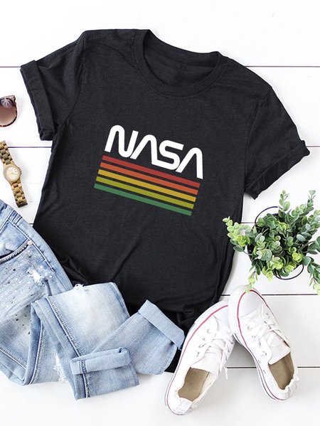 

NASA Logo Rainbow Color Printed Round Neck Cotton T-shirt, Black, T-shirts