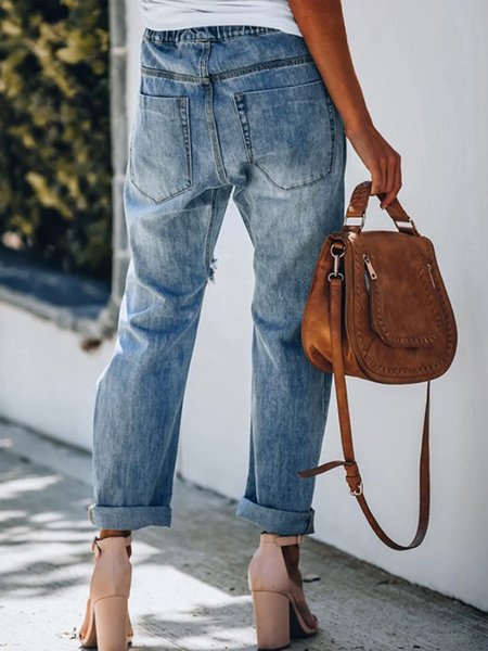 

Patch Pockets Casual Denim Pants, Blue, Pants