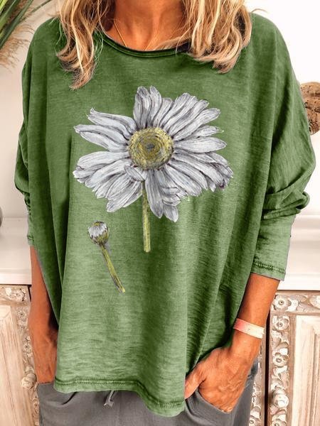 

Top a Girocollo Floreale di Cotone, Verde, T-Shirts