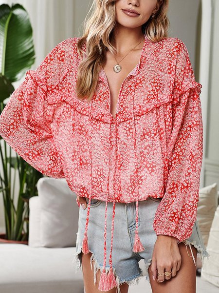 

Long Sleeve Shift Casual V Neck Blouse, Red, Shirts & Blouses