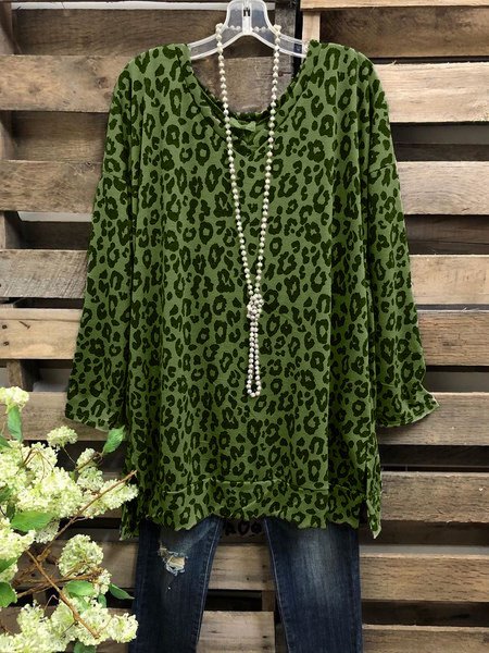 

Leopard V Neck Long Sleeve Shirts & Tops, Green, Tops
