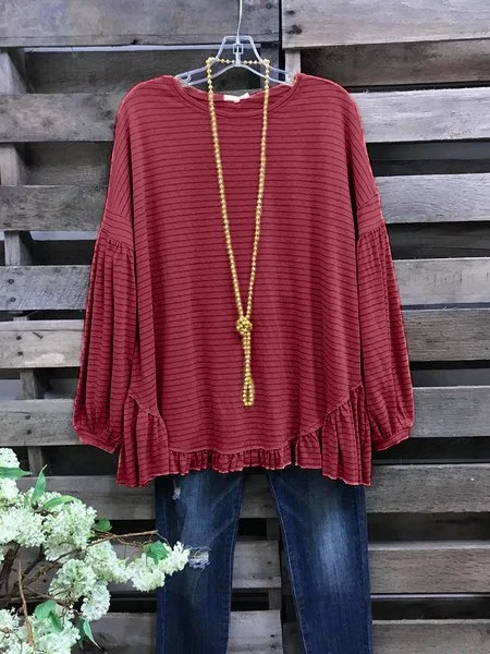 

Striped Cotton-Blend Long Sleeve Shirts & Tops, Red, Tops
