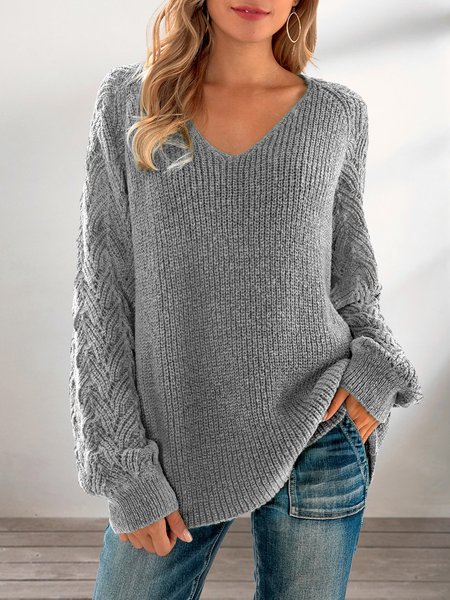

Gray Long Sleeve Knitted Shift V Neck Sweater, Sweaters