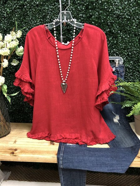 

Linen Brushed Casual Top, Red, Tops