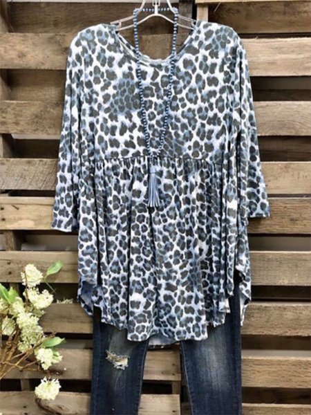 

3/4 Sleeve Cotton-Blend Casual Shirt & Top, Blue, Tops