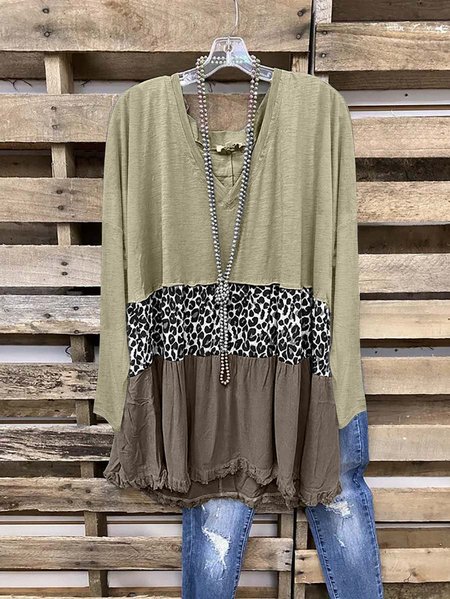 

Leopard Long Sleeve V Neck Shirt & Top, Brown, Tops