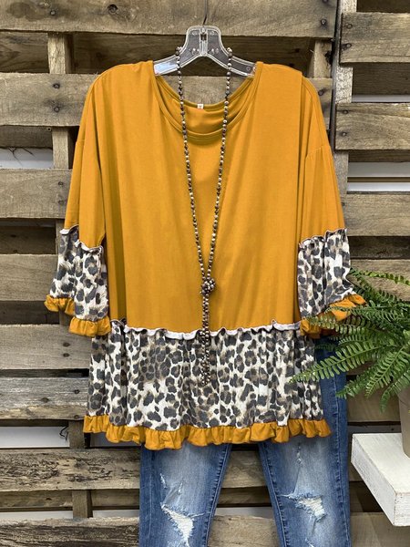 

Red Cotton-Blend Crew Neck Casual Leopard print Shirt & Top, Yellow, T-shirts