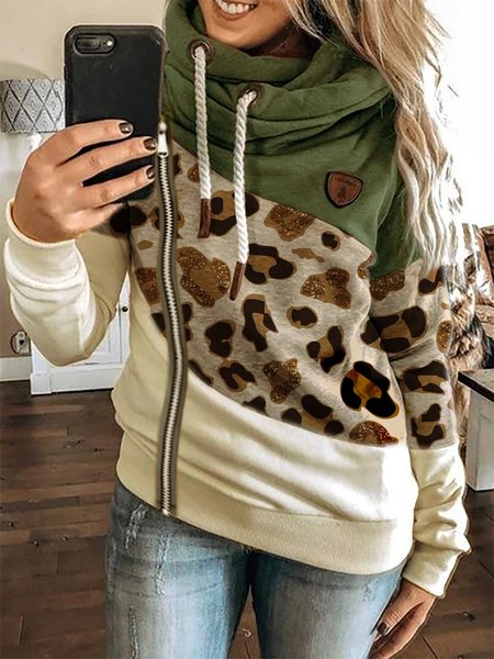 

Paneled Long Sleeve Leopard Outerwear, Green, Hoodies&Sweatshirts