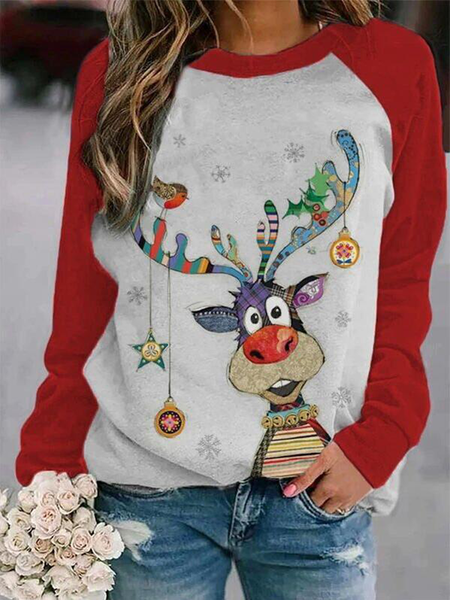 

Women Christmas Elk Print Casual Long Sleeve Cartoons Sweatshirt, Red, Hoodies & Sweatshirts