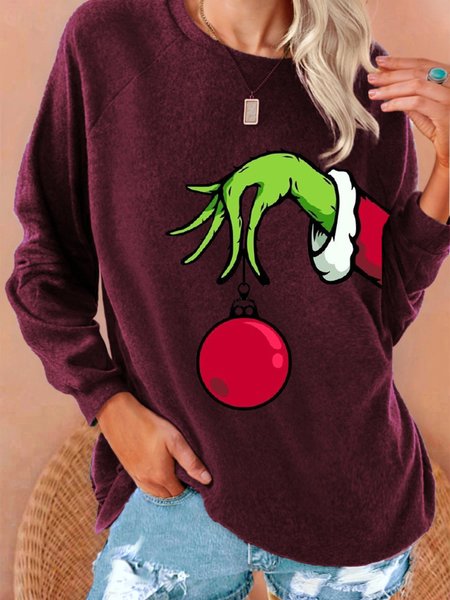 

New Free Women Fashion Plus Size Holiday Christmas Long Sleeve Casual Cartoon Sweatshirt Tops, Wine red, Women Sweatshirts