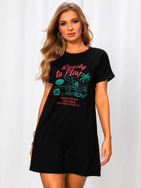 

A-Line Short Sleeve Crew Neck Knitting Dress, Black, Dresses