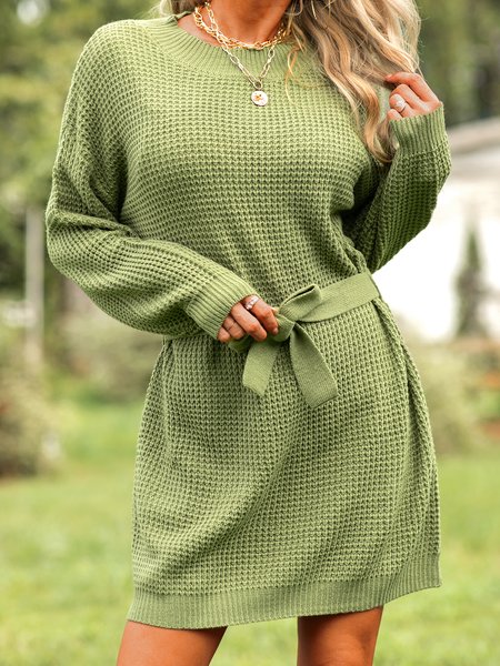 

Crew Neck Vintage Sweater Dress, Green, Mini Dresses