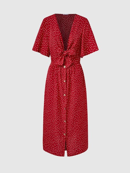

Polka Dots Regular Fit Elegant Weaving Dress, Wine red, Midi Dresses