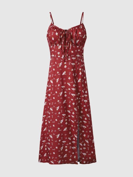 

Elegant Spaghetti Floral Dress, Wine red, Midi Dresses
