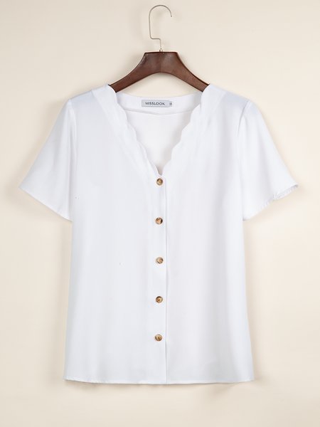 

JFN Scallop V Neck Solid Causal Shirt, White, Shirts & Blouses