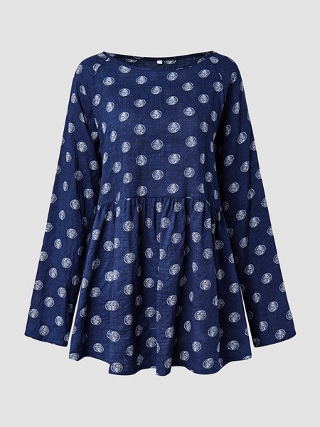 

Vintage Elegant Polka Dots Casual Shirts & Tops, Blue, Long sleeve tops