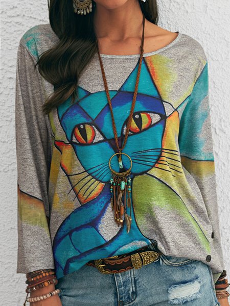 

Gray Cotton Long Sleeve Shift Geometric Shirts & Tops, Tops