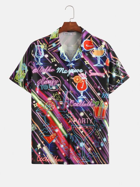 

Mens Cocktail Happy Party Print Loose Short Sleeve Hawaiian Shirts, Black, Men's Floral shirt