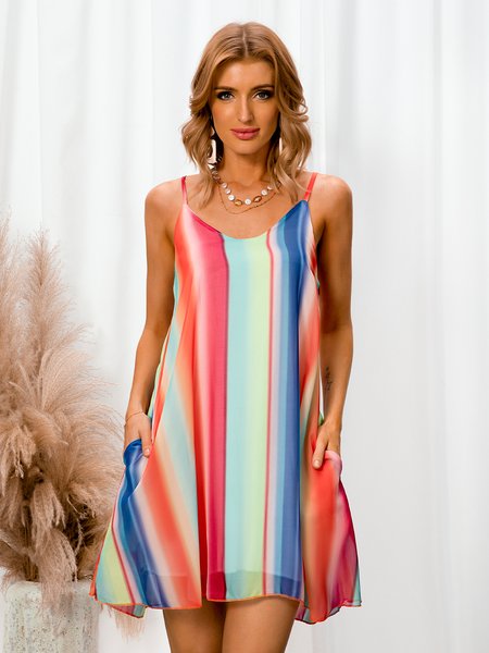 

Stripes Spaghetti Cold Shoulder A-Line Weaving Dress, Multicolor, Dresses