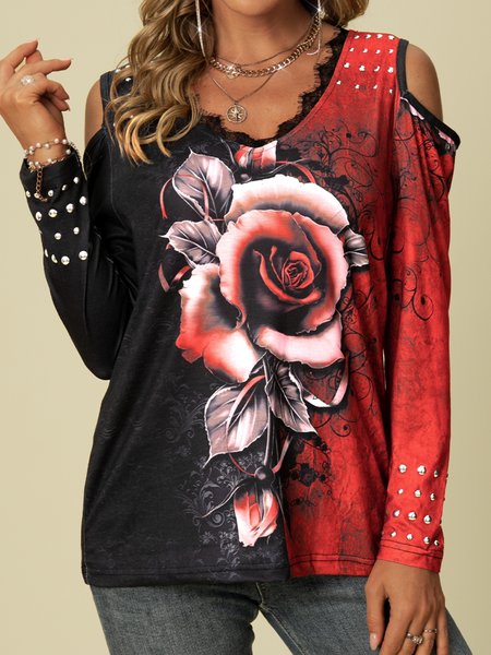 

Plus size Cold Shoulder Sexy Printed Casual Shirts & Tops, Gray, T-Shirts