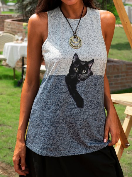 

Casual Animal Sleeveless Crew Neck Shirts & Tops, Blue, Tanks & Camis