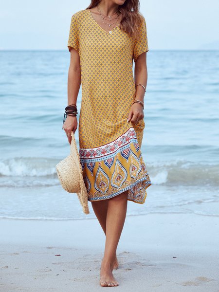 

Printed Cotton Casual Short Sleeve Women Dress, Yellow, Maxi Dresses
