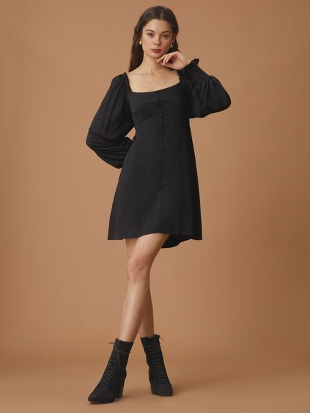 

Bishop Sleeve Shirred Dress, Black, Mini Dresses