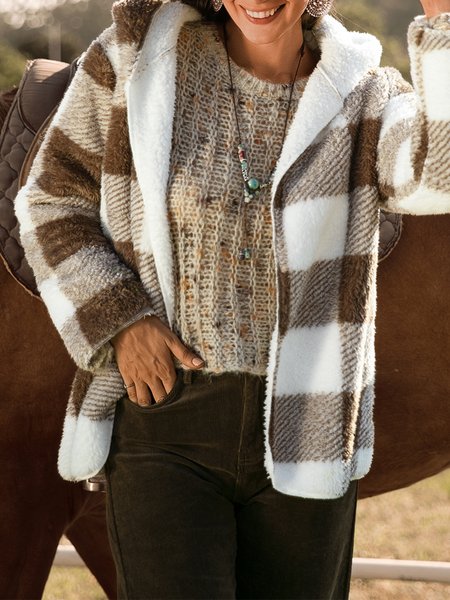 

Plaid Hoodie Long Sleeve Shift Outerwear, Gray, Coats