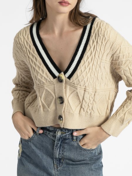 

Fall V neck A-line Simple Long Sleeve Casual Daily Sweater, Apricot, Cardigans