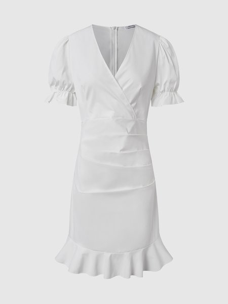 

Puff Sleeve Elegant V Neck Weaving Dress, White, Midi Dresses