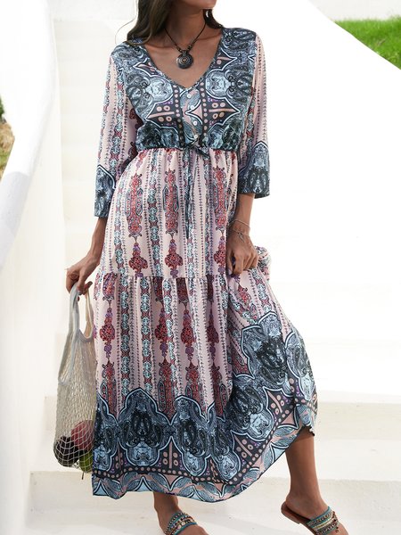 

Boho Cotton-Blend Short Sleeve Weaving Dress, Light blue, Boho dresses