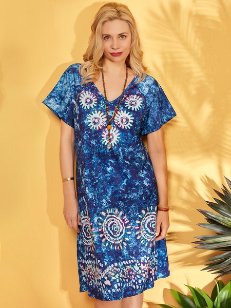 

Nuovo Donna Chic taglia grande Vintage Bohemian hippie Vacanza Scollo a V Cotone Maniche Corte Abito, Navy blu, Dresses