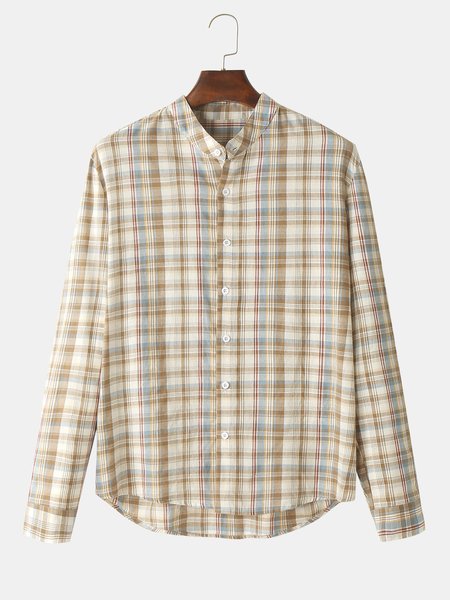 

Work Stand Collar Plaid Shirts & Tops, As picture, Men's shirts