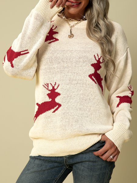 

Raindeer Color-Block Crew Neck Long Sleeve Sweater, Apricot, Knitwear & Sweaters