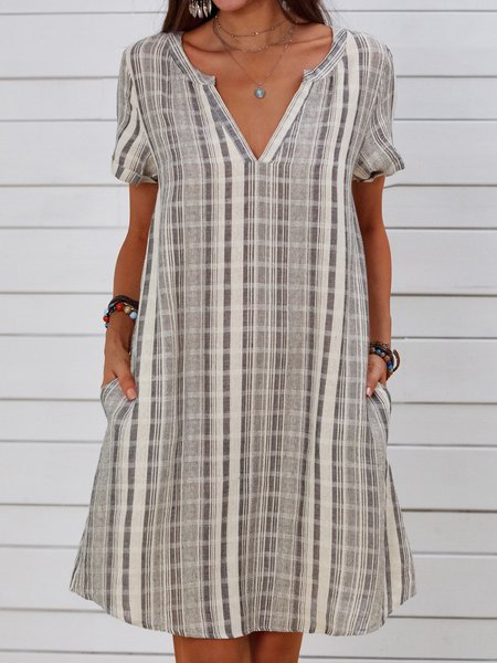 

V Neck Striped Yarn-Dyed Vintage Short Sleeve Women Dress, Stripe, Midi Dresses