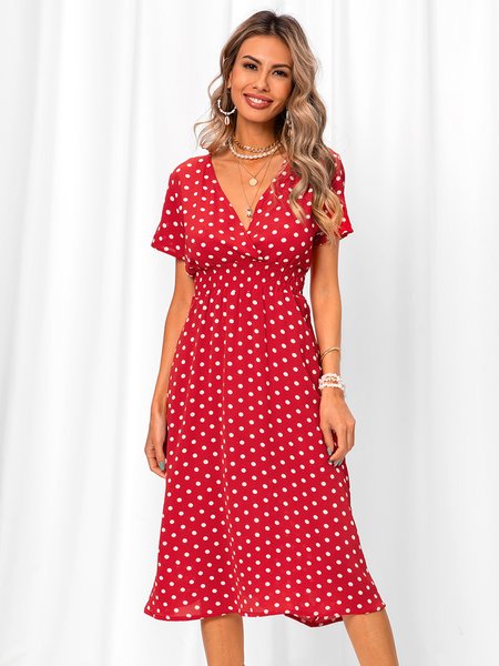 

V Neck Polka Dots Weaving Dress, Red, Dresses