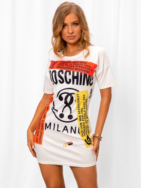 

Crew Neck Short Sleeve Shift Knitting Dress, White, Dresses