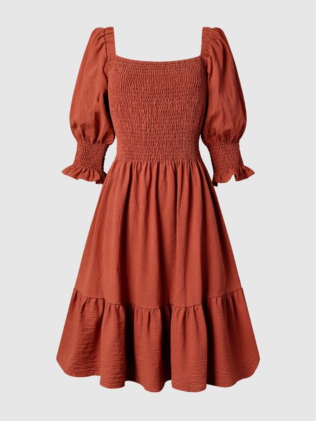 

Cotton Square Neck Puff Sleeve Solid Dress, Brown, Midi Dresses