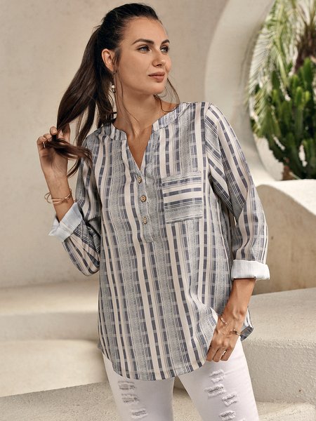 

V Neck Stripe Cotton Long Sleeve Shirts & Tops, Blue, Blouses & Shirts