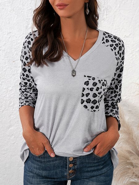 

Leopard Vintage Cotton-Blend Long Sleeve Shirts & Tops, Gray, T-Shirts