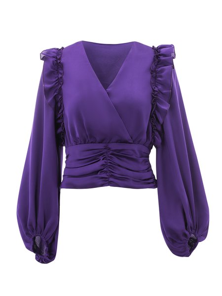 

Satin Work Long Sleeve Gathered Shirts & Tops, Purple, Blouses and Shirts
