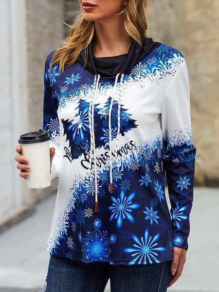 

Long sleeve high neck pile collar Christmas tree gradient print top T-shirt women, Blue, Auto-clearance