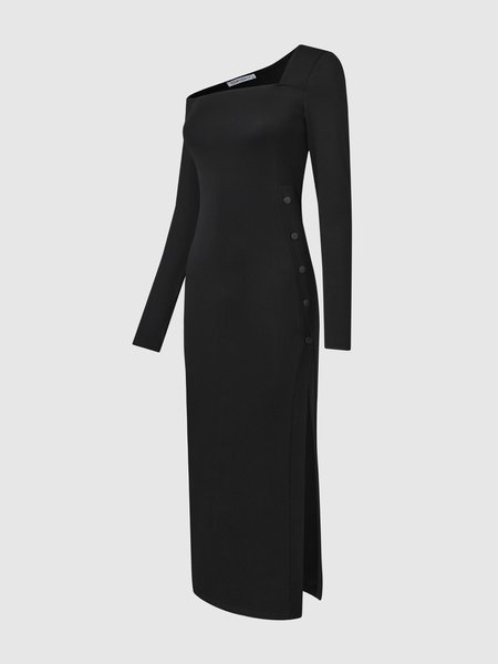 

Asymmetrical Neck Slit Elegant Fitted Dress, Black, Midi Dresses