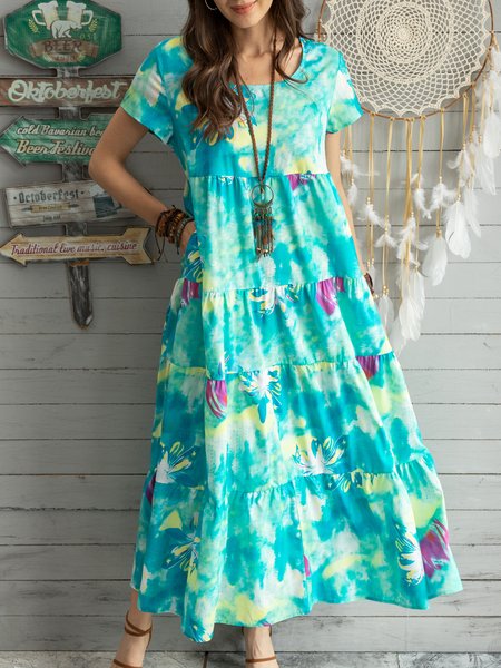 

Floral Print Short Sleeve Casual Maxi Dress, Blue, Tie dye dress