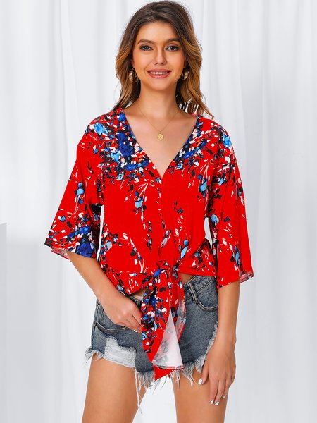 

Casual Shift Short Sleeve Floral Tops, Red, Tops