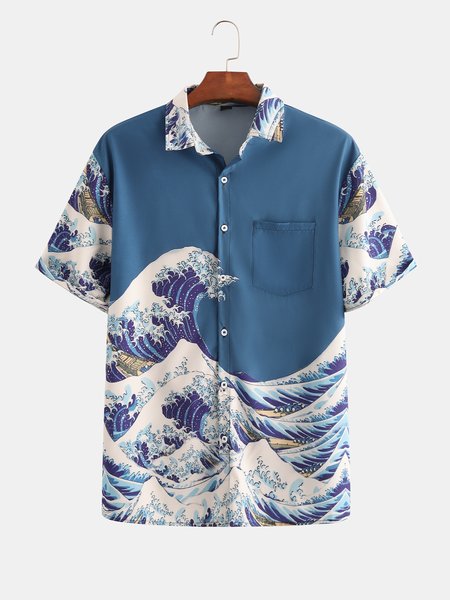 

Mens Japanese Ukiyoe Print Round Hem Loose Short Sleeve Hawaiian Shirts, Cyan, Shirts ＆ Blouse