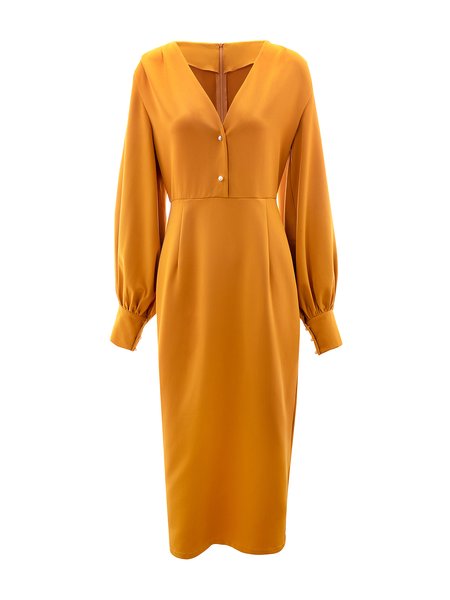 

Sexy Sheath Long Sleeve V Neck Midi Dress, Yellow, Midi Dresses