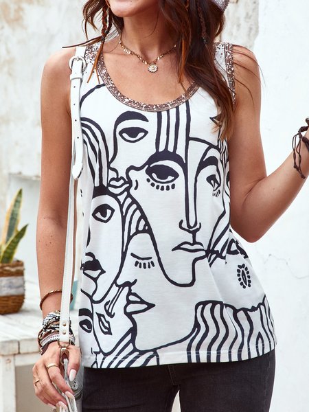 

Sleeveless Casual Cotton-Blend Shirts & Tops, White, Tanks & Camis